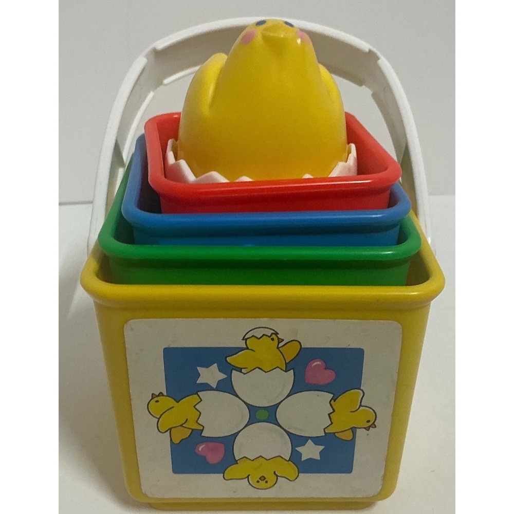 Fisher Price Vintage Stacking Action Blocks Nesting Chick Toy Bucket Set